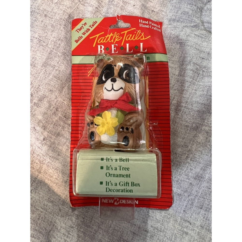 Tattle Tails Handcrafted Bells Porcelain Ornaments Giftco Vintage‎ 3" raccoon